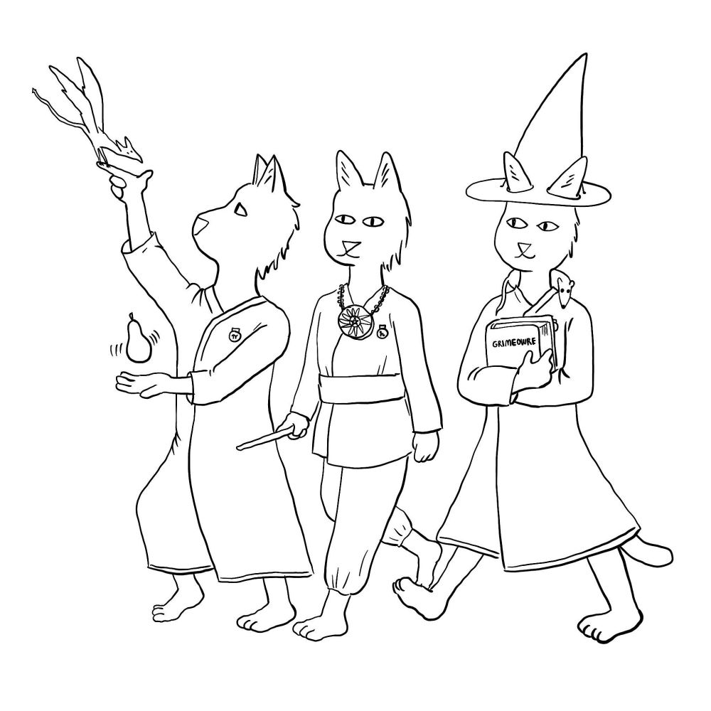 black and white cartoon drawing of three cat-people. They are dressed in hanbok-reminiscent uniforms with badges on their chests, walking together as if heading from one class to another. The one on the right has a pointy wizard hat, a book titled 'grimeowre,' and a rat curled around its neck. The one in the middle holds a magic wand and has an elaborate medallion on a necklace. The one on the right is levitating a pear and letting a small dragon land on its hand.