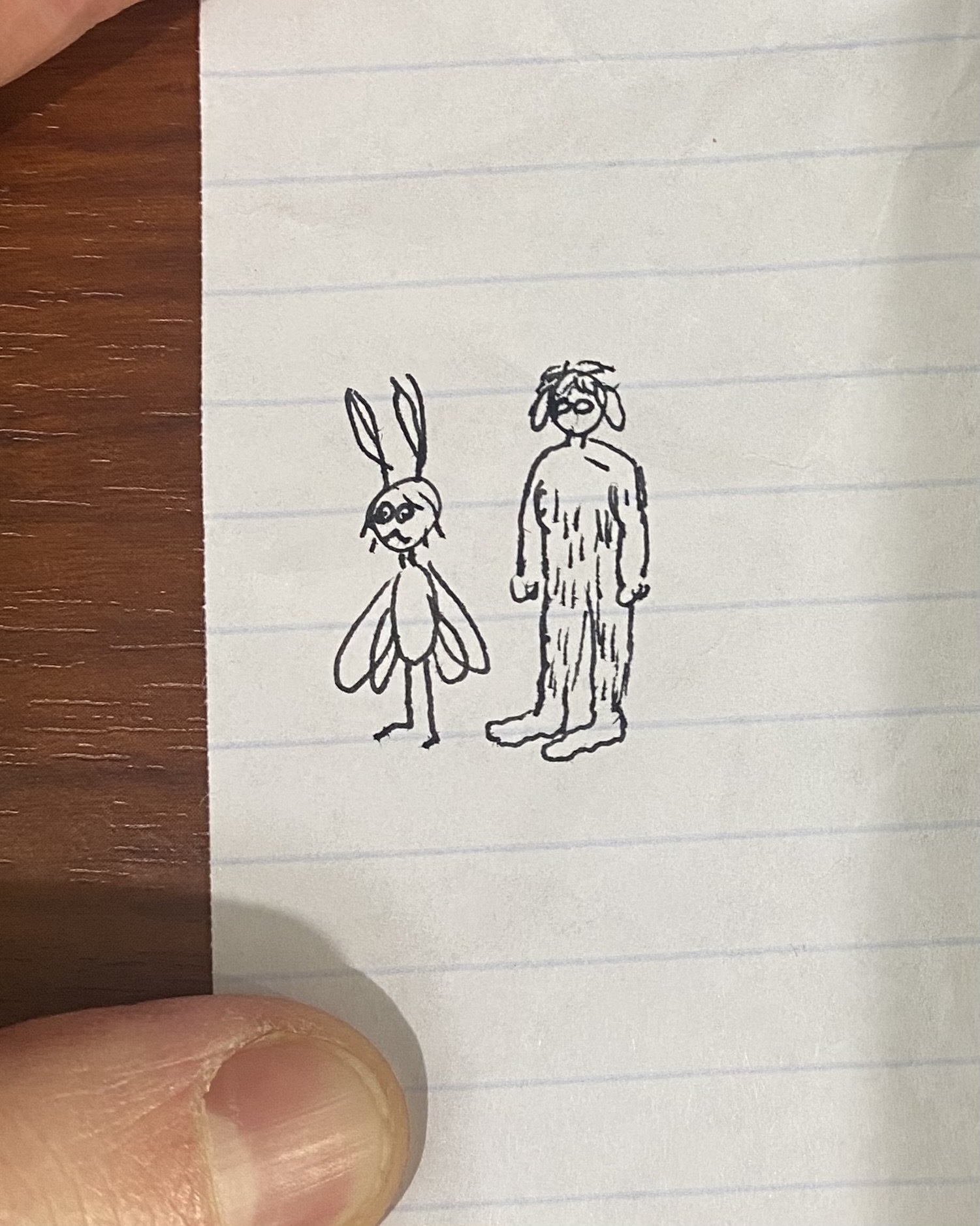 hand-drawn ink sketch of a small mothman next to a large sasquatch with long floppy ears