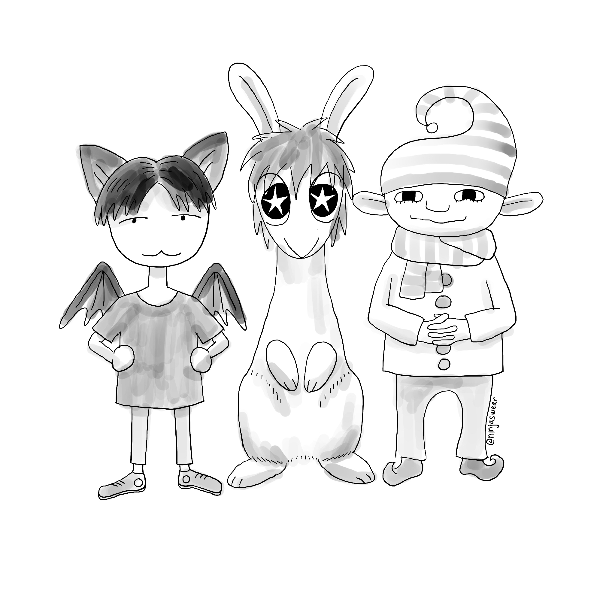 yoongi of BTS as a cat-bat guy, jungkook of BTS as a bunny, and taehyung of BTS as a christmas elf, drawn in a black-and-white stylized cartoon, remiscent of the movie Nightmare Before Christmas.