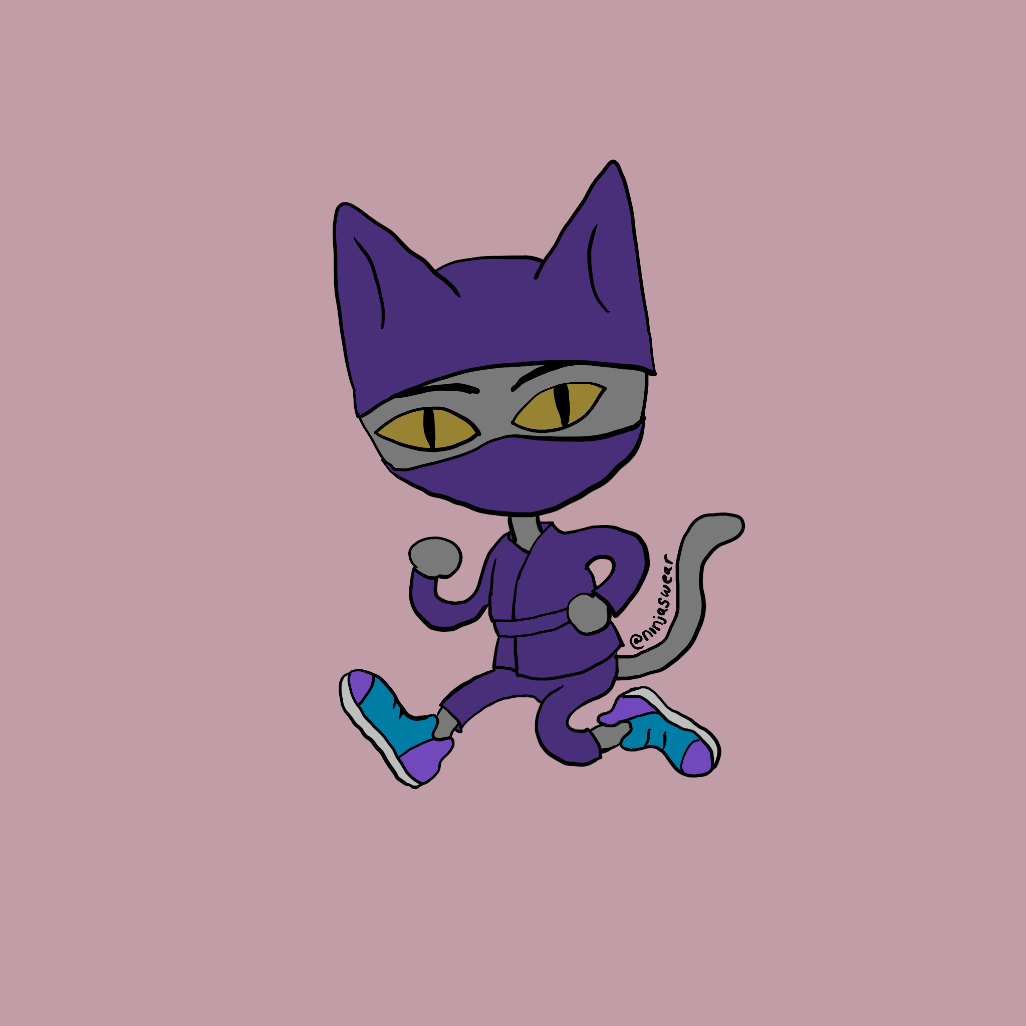 yellow-eyed cartoon cat ninja dressed all in purple in a running pose to show off their purple-and-turquoise sneakers