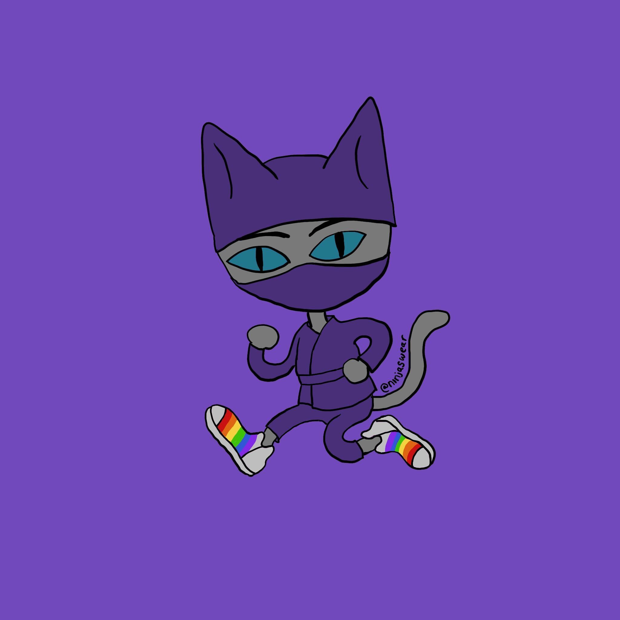turquoise-eyed cartoon cat ninja dressed all in purple in a running pose to show off their rainbow-striped sneakers