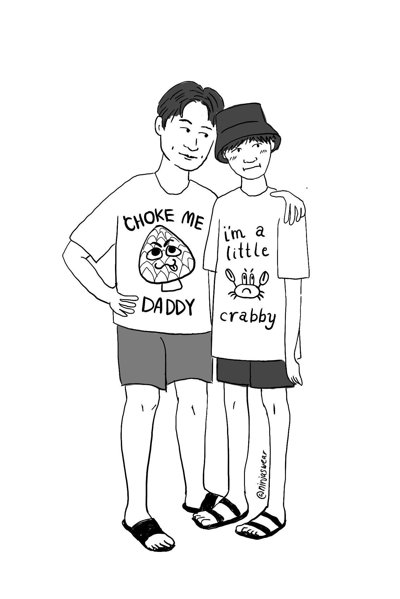 sketch of namgi of bts wearing novelty shirts on a beach vacation. Namjoon's shirt has an artichoke and says 'choke me daddy' and yoongi's has a crab that says 'I'm a little crabby'. They are both in shirts and sandals. Yoongi has on a bucket hat and is blushing. Namjoon looks like he wants to make him blush a little more.