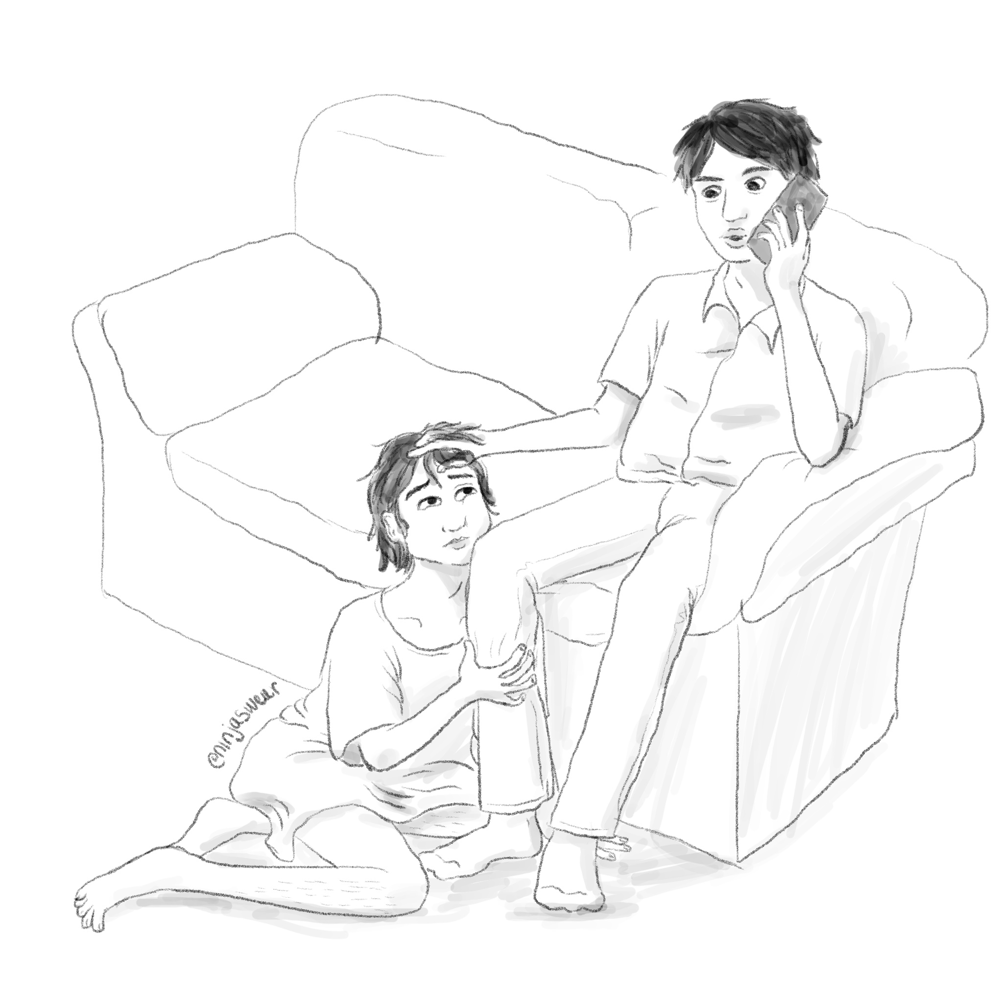 sketch of yoongi sitting at Seokjin's feet as he talks on the phone, trying to get his attention