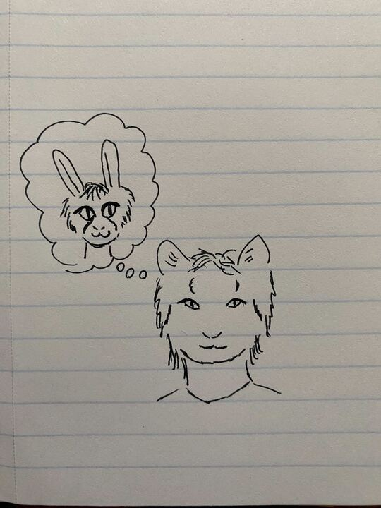 Yoongi as a snow leopard hybrid daydreaming. In his thought bubble he is imagining a young being with the facial stripes of a snow leopard but large bunny ears.