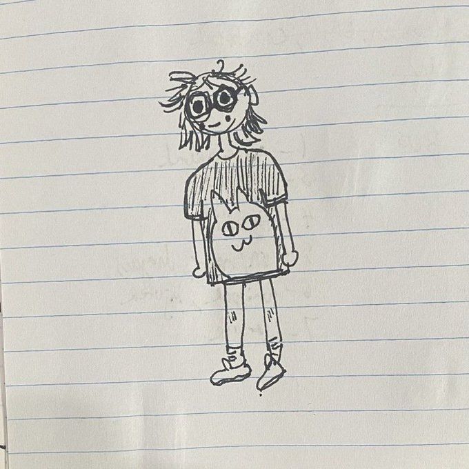 scribbly pen sketch of the author NinjasWearSneakers, aged ten, wearing large plastic glasses, a Laurel Birch cat t-shirt, leggings, and sneakers, with wild hair and a devil-may-care attitude