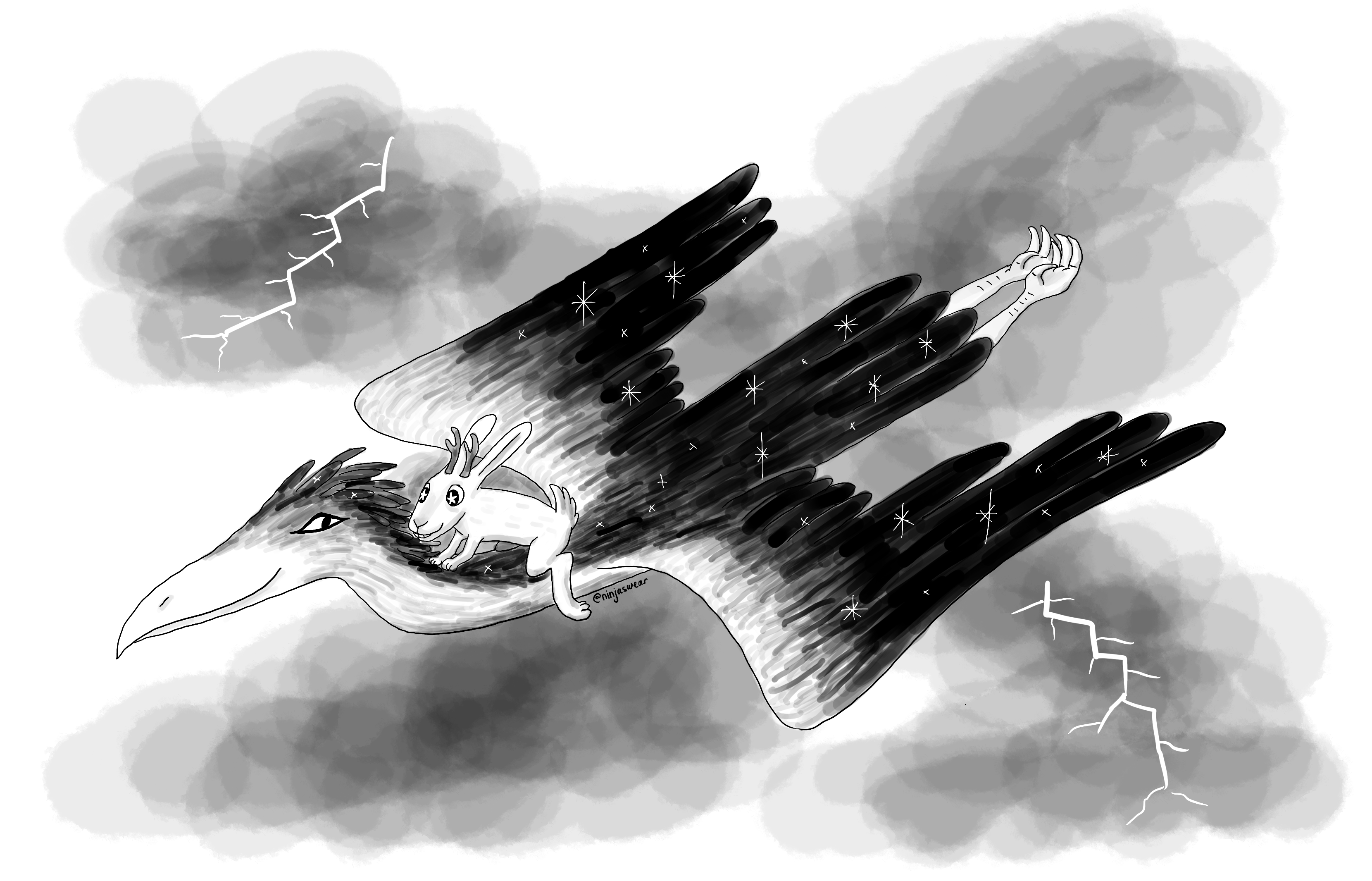 jackalope jungkook riding on the neck of thunderbird yoongi. Yoongi's feather shade from light on his belly to dark on his back, and have a starry gleam. They are surrounded by dark clouds and lightning and are having a great time.