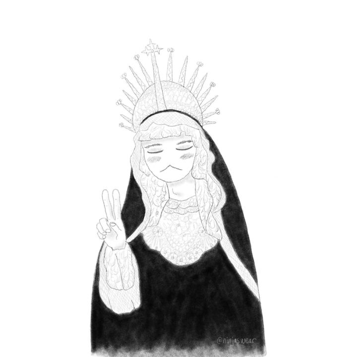 simple drawing of Yoongi in an elaborate lace wimple and jeweled tiara, holding up two fingers and looking serene